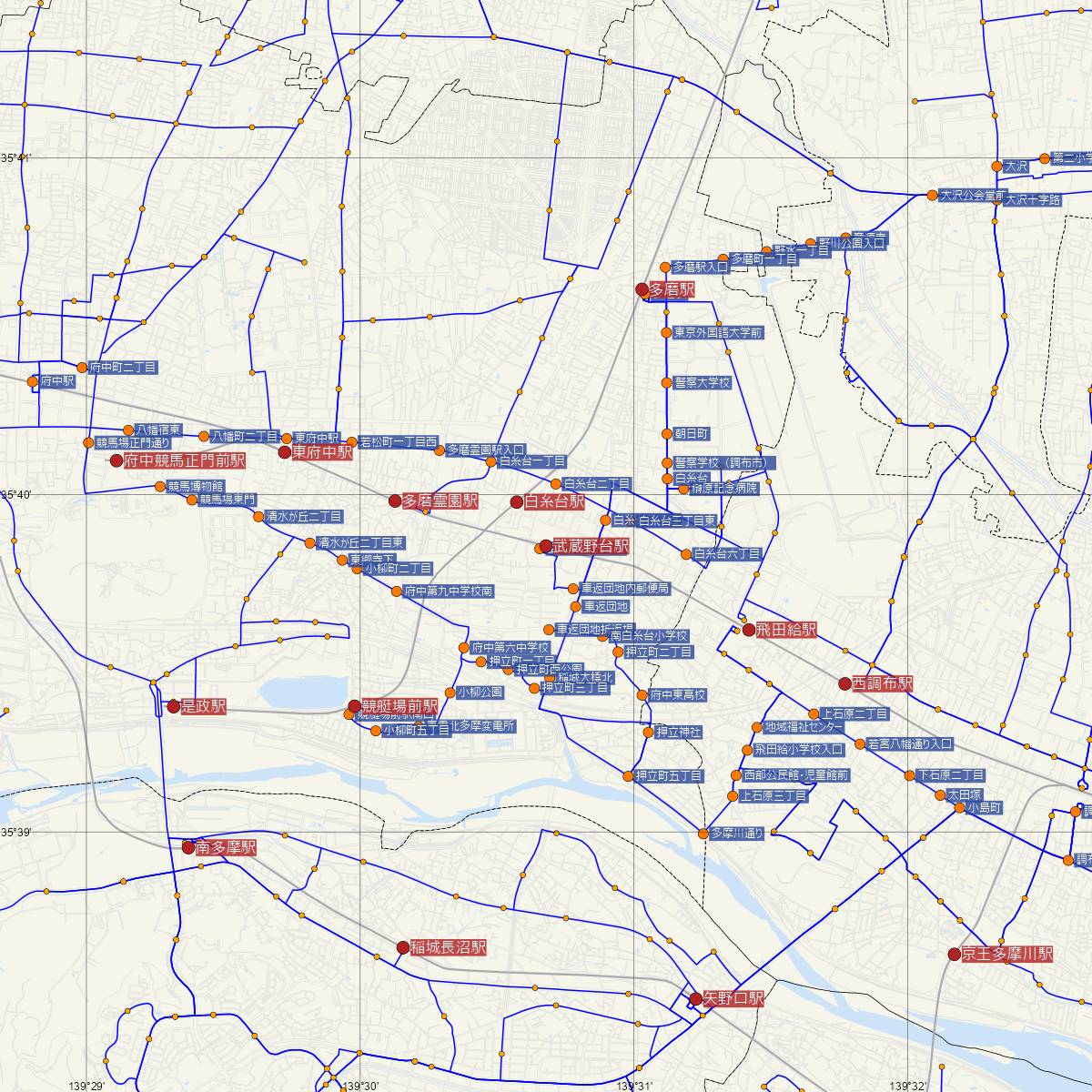 武蔵野台駅（京王線）周辺のバス路線図