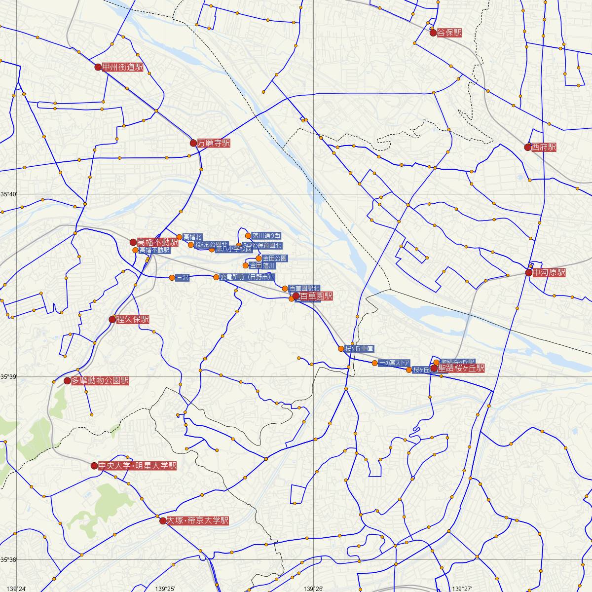 百草園駅（京王線）周辺のバス路線図