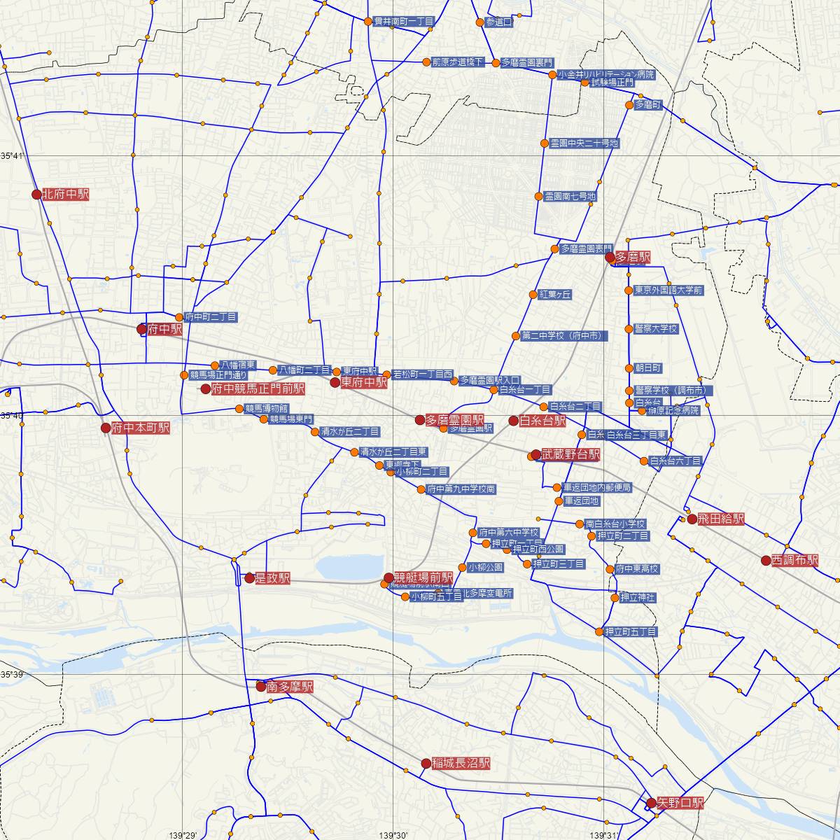 多磨霊園駅（京王線）周辺のバス路線図