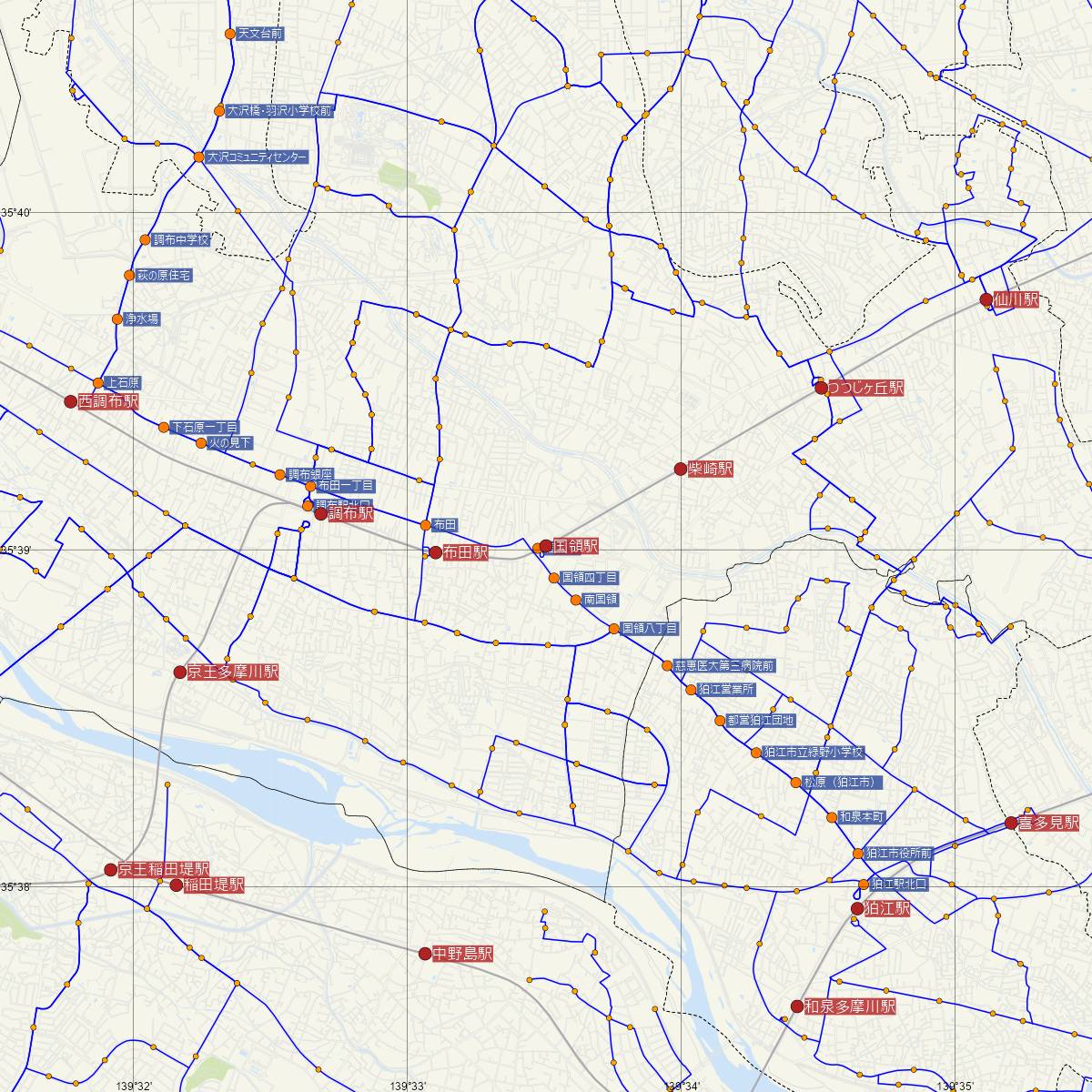 国領駅（京王線）周辺のバス路線図