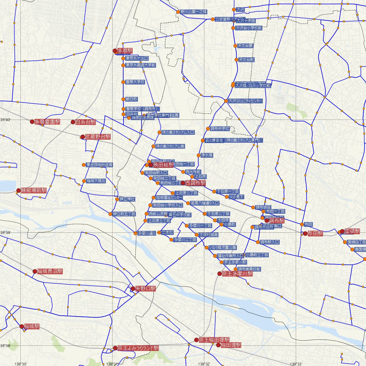 西調布駅（京王線）周辺のバス路線図