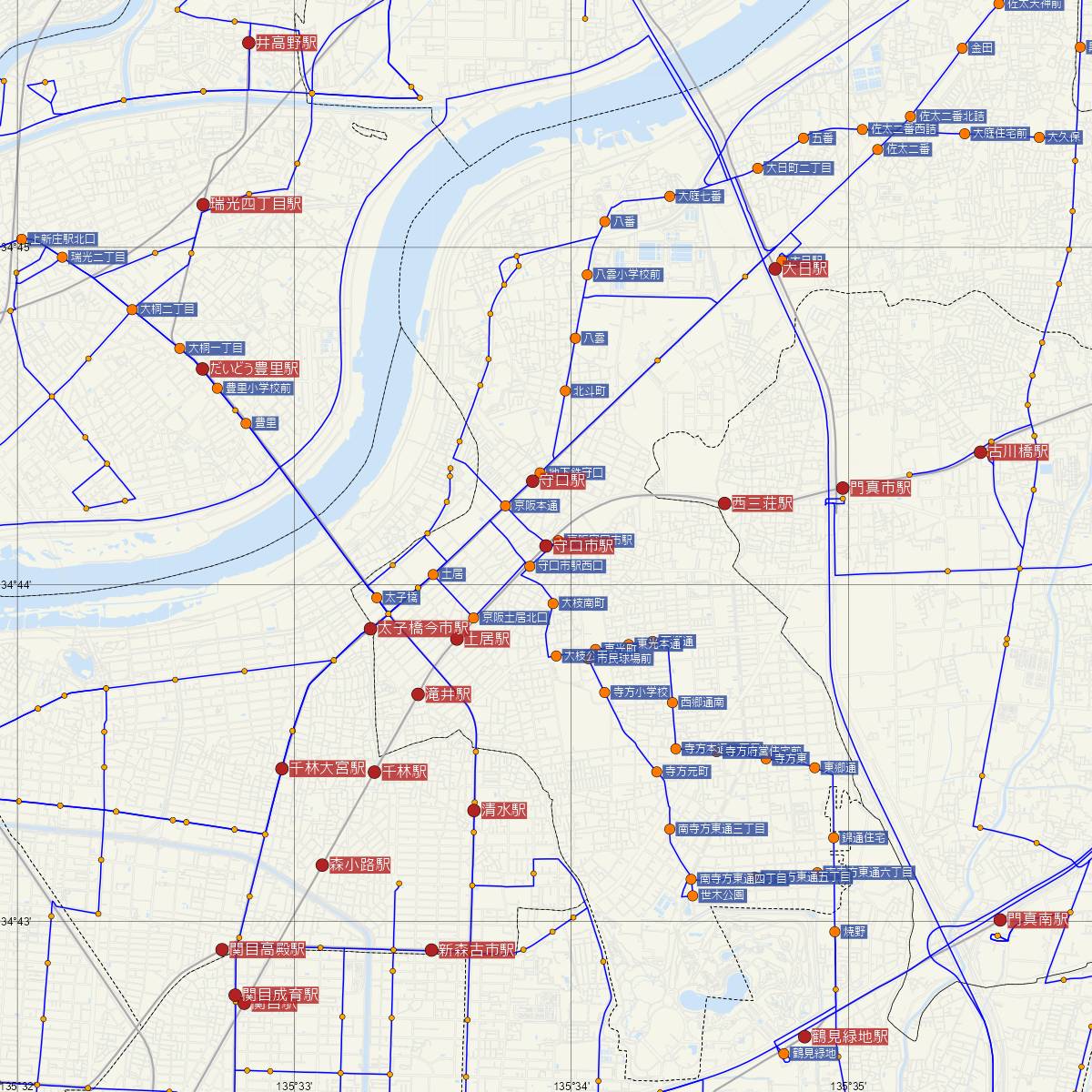 守口市駅（京阪電鉄）周辺のバス路線図