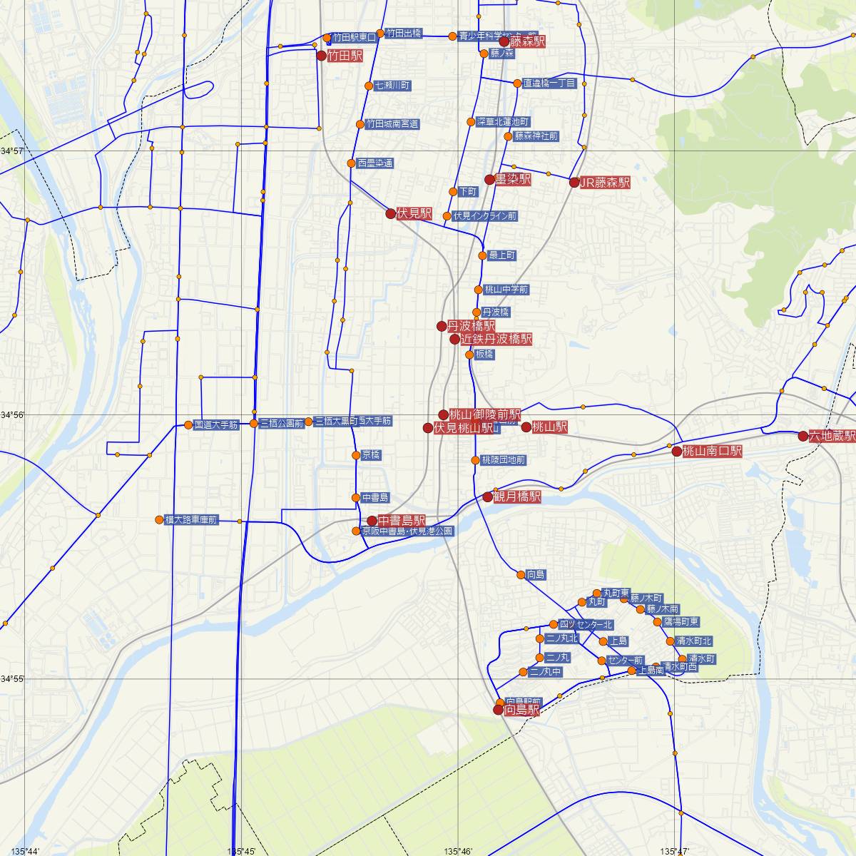 伏見桃山駅（京阪電鉄）周辺のバス路線図