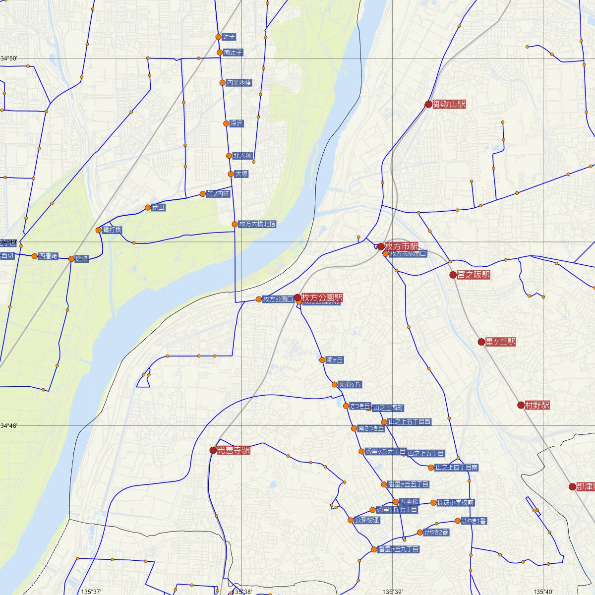 枚方公園駅（京阪電鉄）周辺のバス路線図