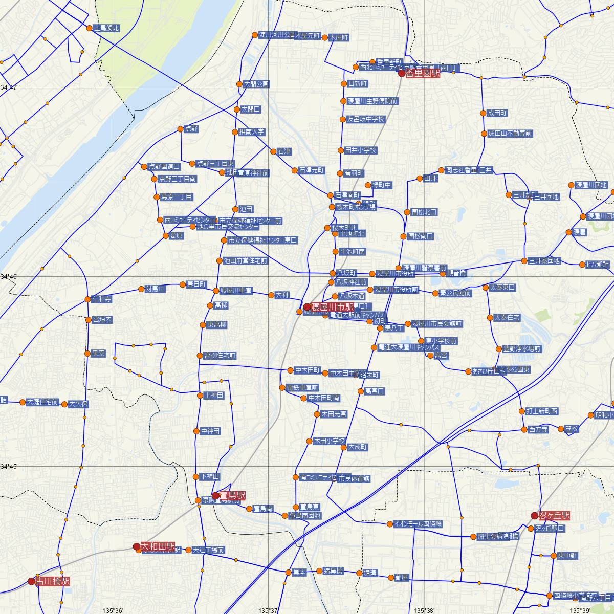 寝屋川市駅（京阪電鉄）周辺のバス路線図