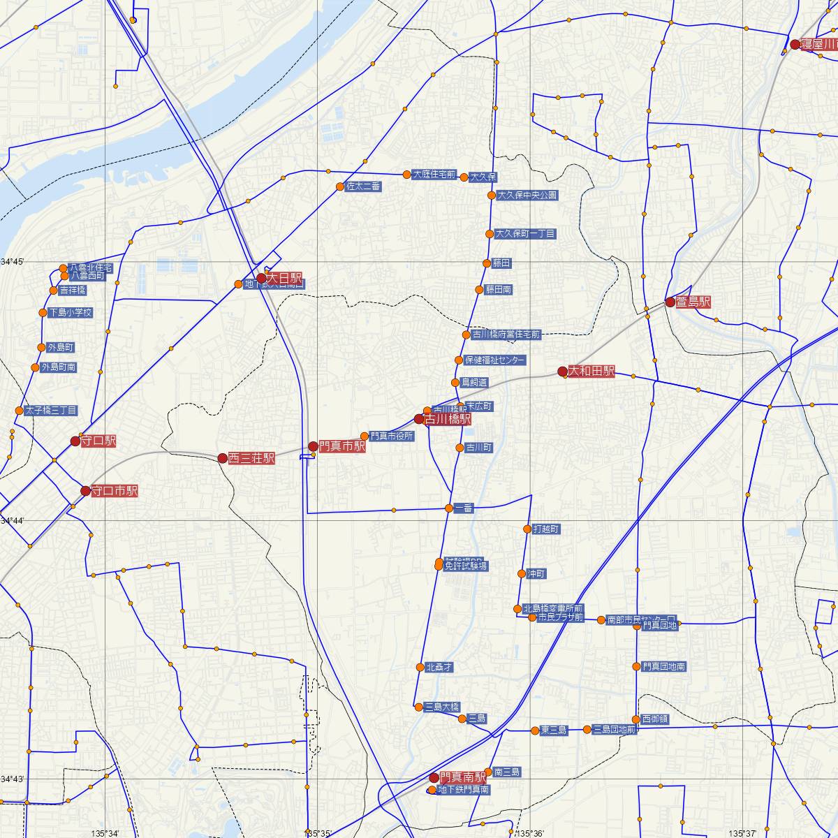 古川橋駅（京阪電鉄）周辺のバス路線図