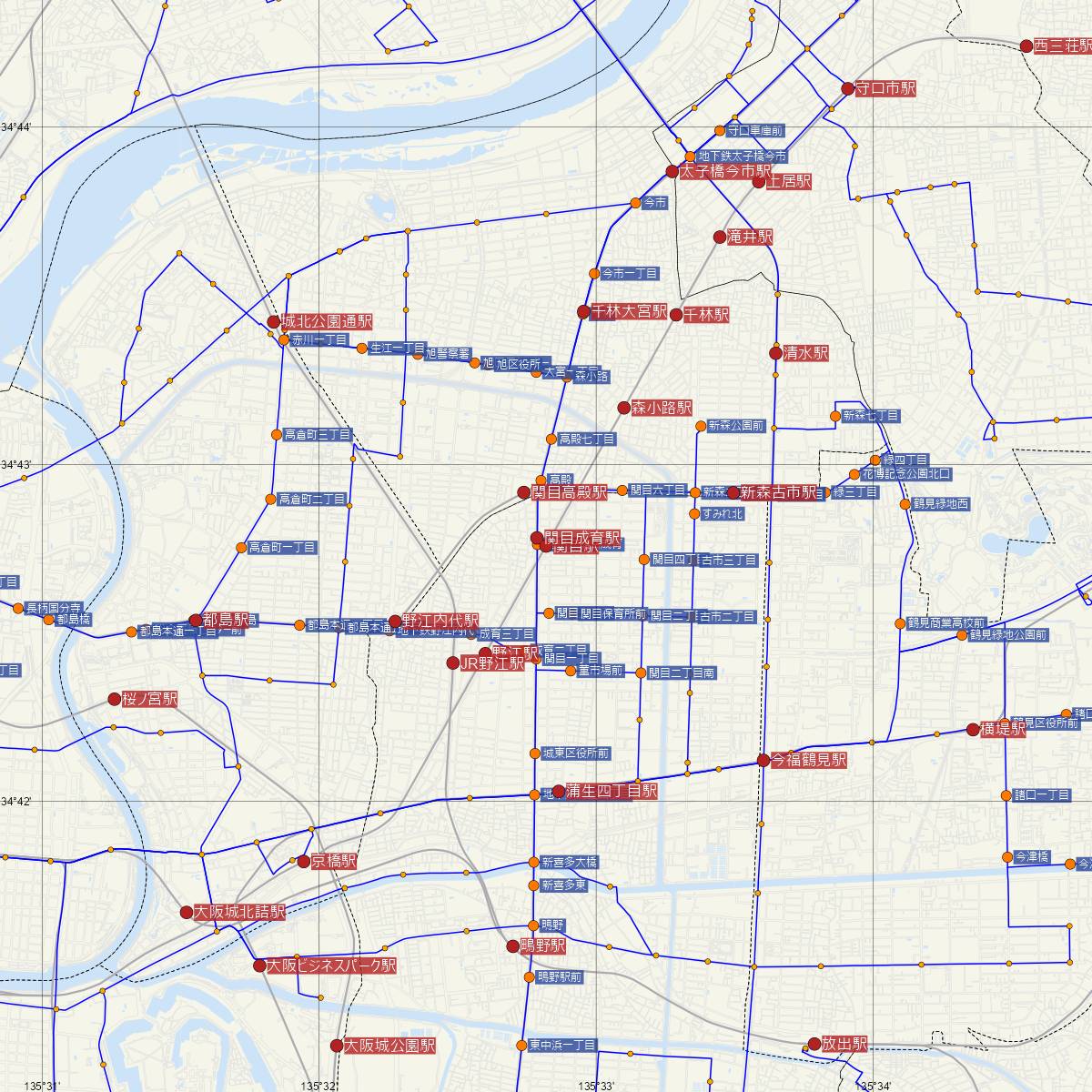 関目駅（京阪電鉄）周辺のバス路線図