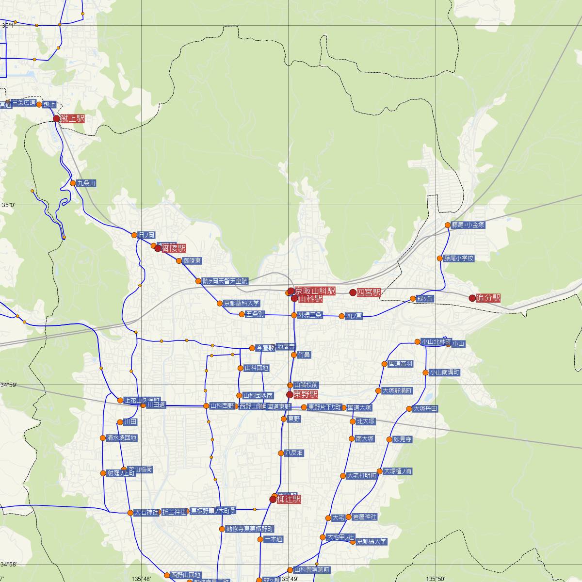 京阪山科駅（京阪電鉄）周辺のバス路線図
