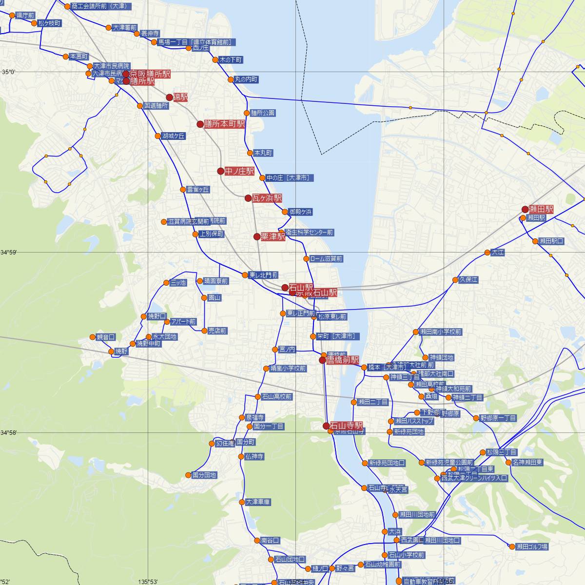 京阪石山駅（京阪電鉄）周辺のバス路線図