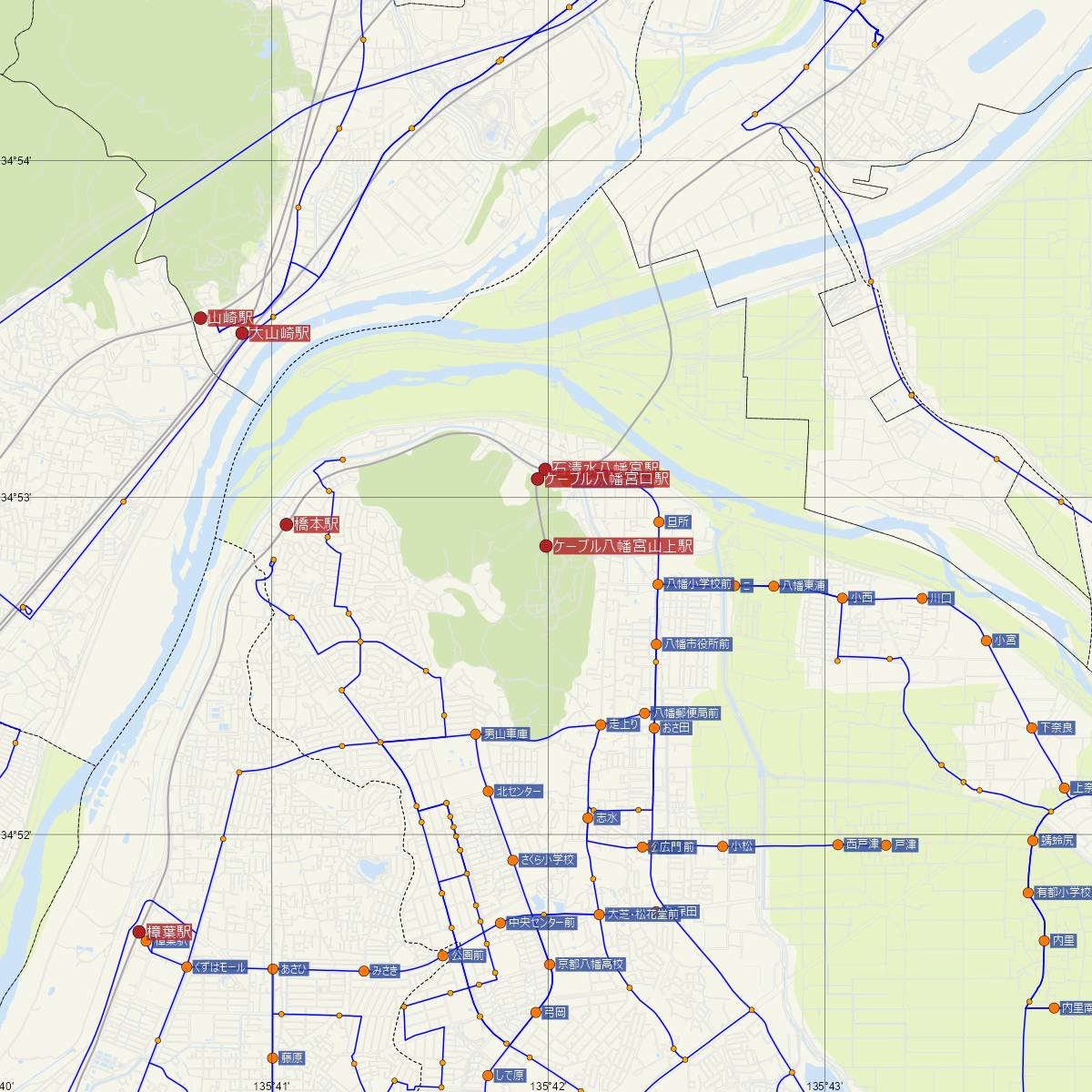 ケーブル八幡宮山上駅（京阪電鉄）周辺のバス路線図