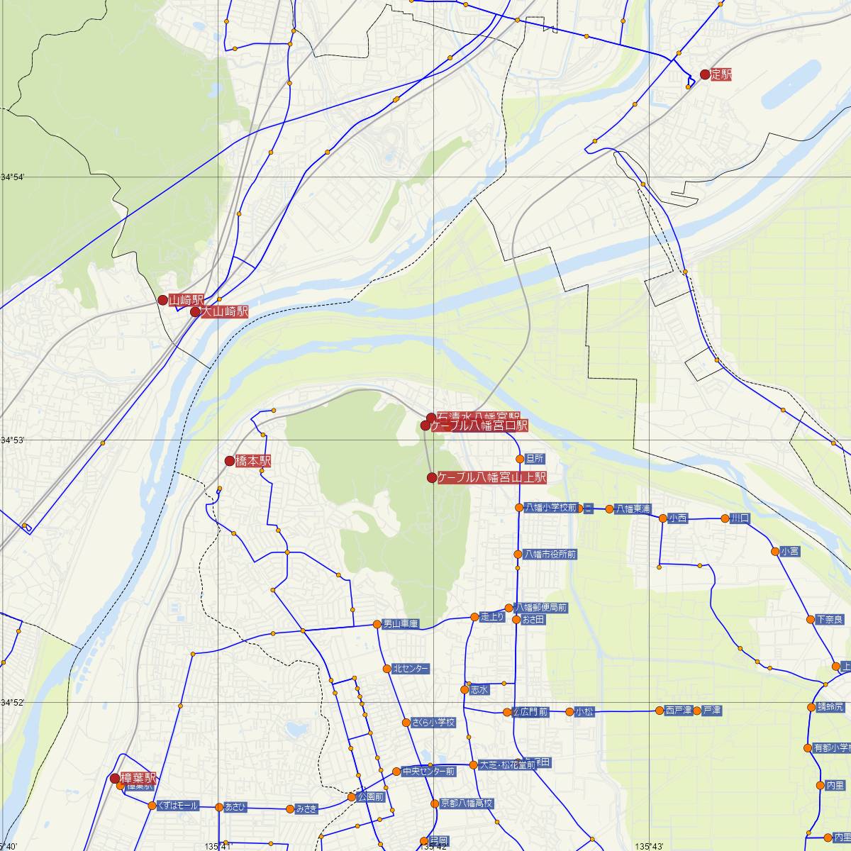 ケーブル八幡宮口駅（京阪電鉄）周辺のバス路線図