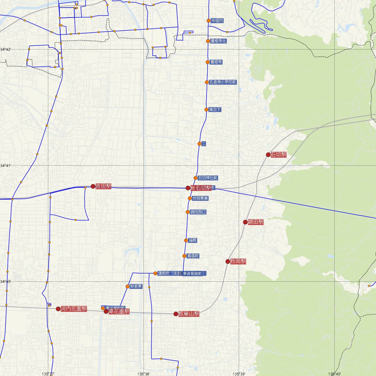 新石切駅（近鉄電車）周辺のバス路線図
