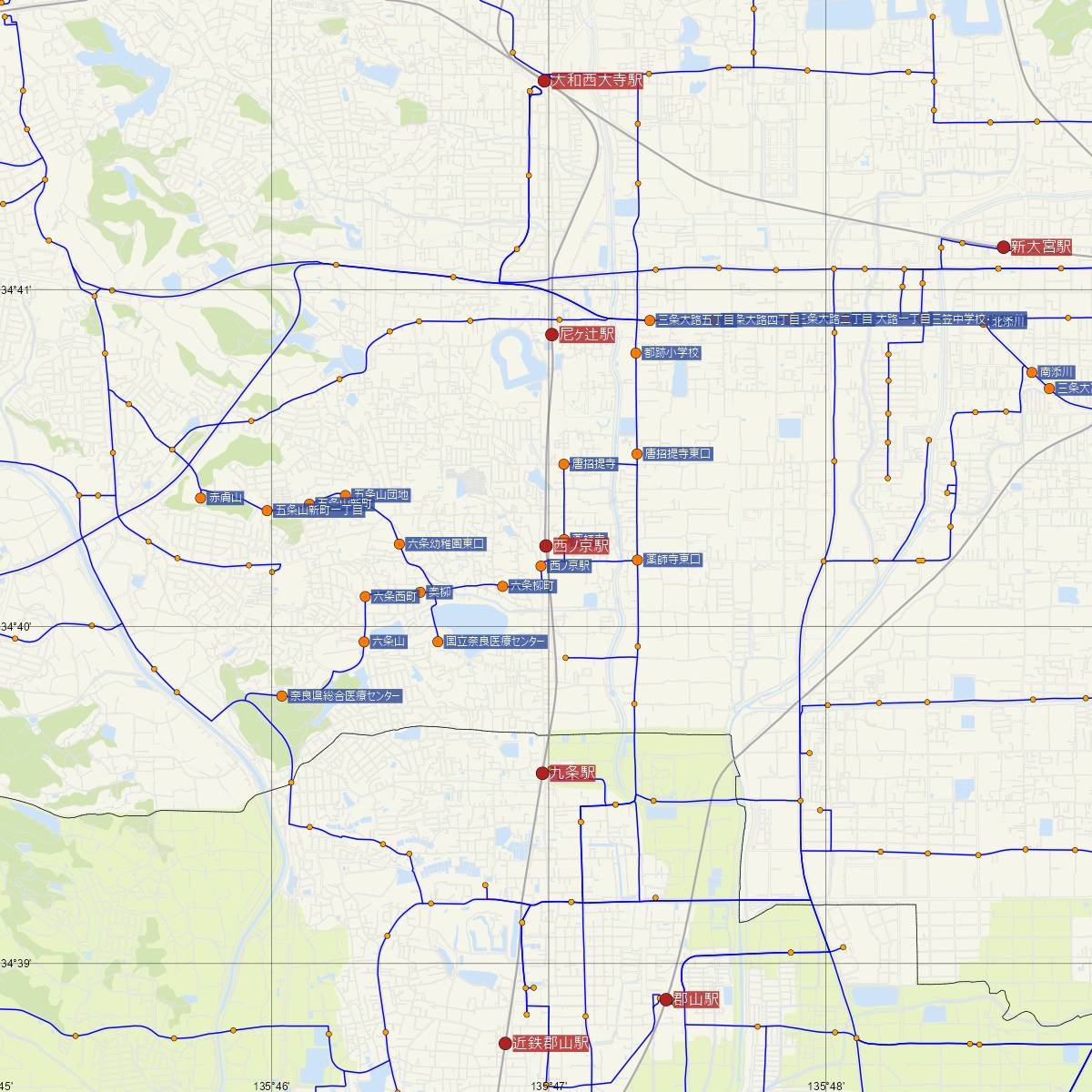 西ノ京駅（近鉄電車）周辺のバス路線図
