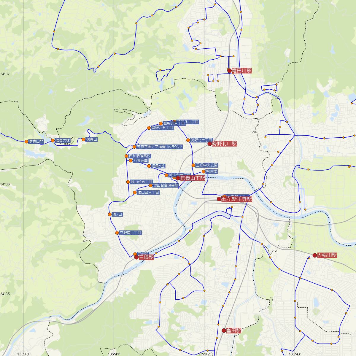 信貴山下駅（近鉄電車）周辺のバス路線図