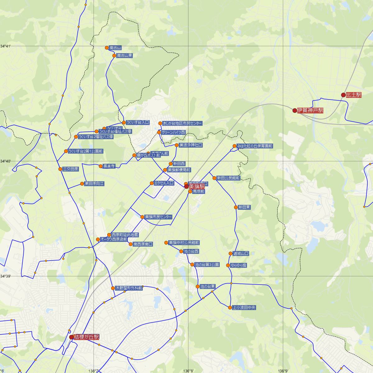 美旗駅（近鉄電車）周辺のバス路線図