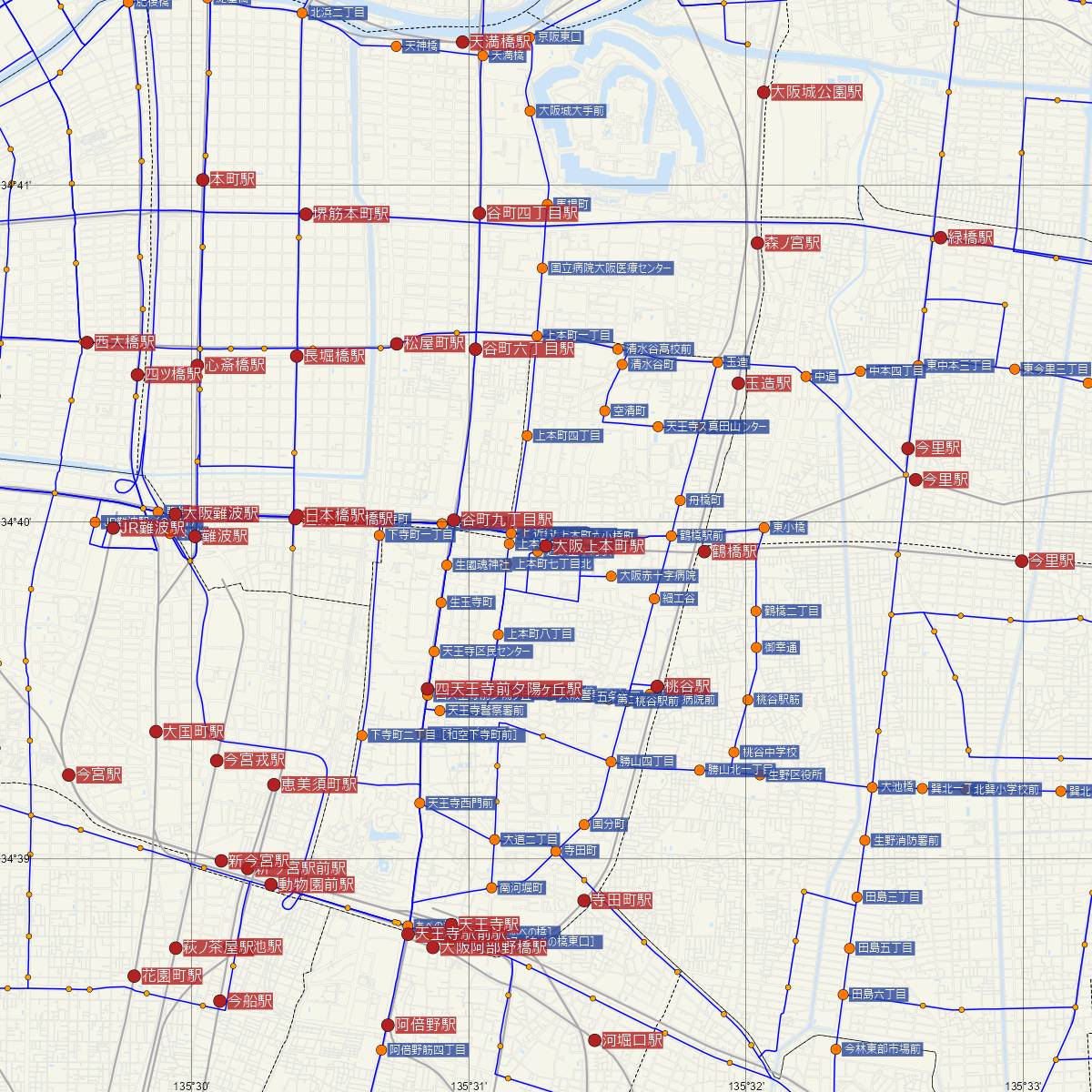 大阪上本町駅（近鉄電車）周辺のバス路線図