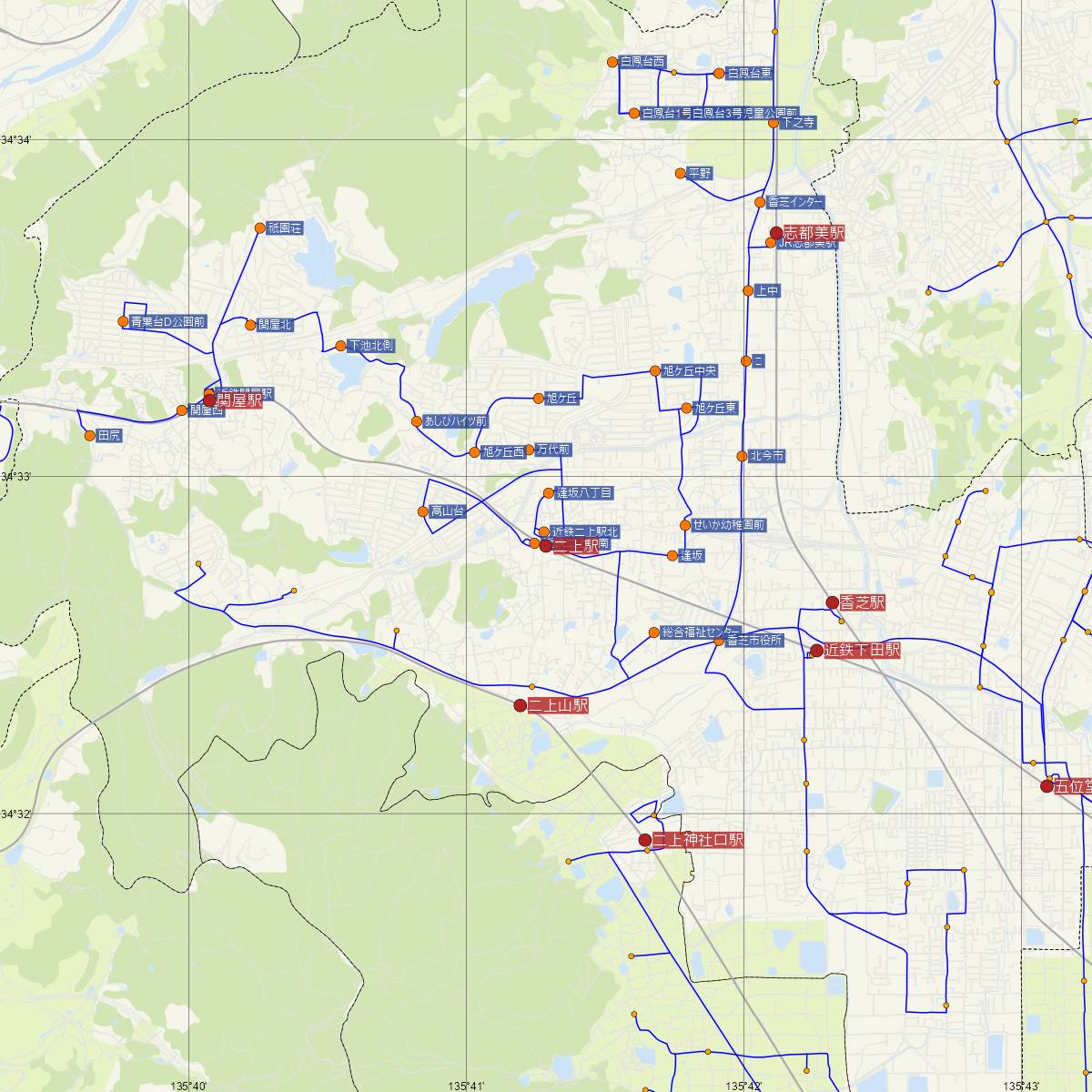 二上駅（近鉄電車）周辺のバス路線図