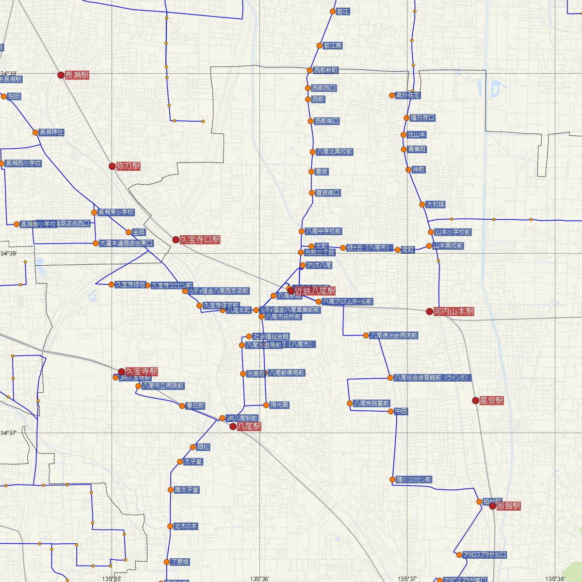 近鉄八尾駅（近鉄電車）周辺のバス路線図