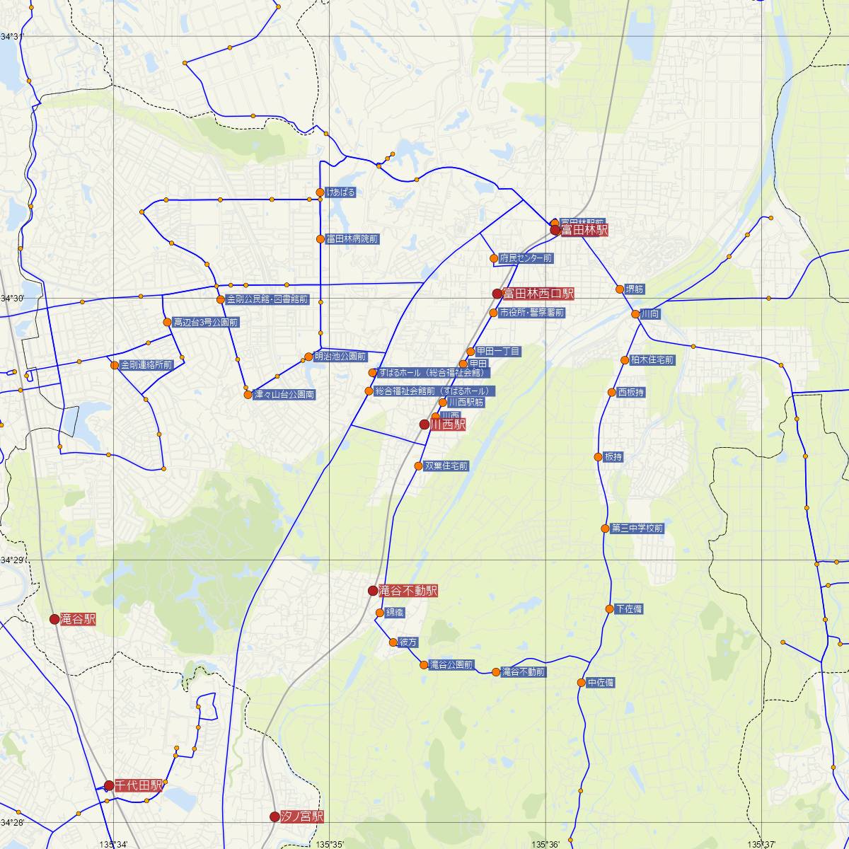 川西駅（近鉄電車）周辺のバス路線図