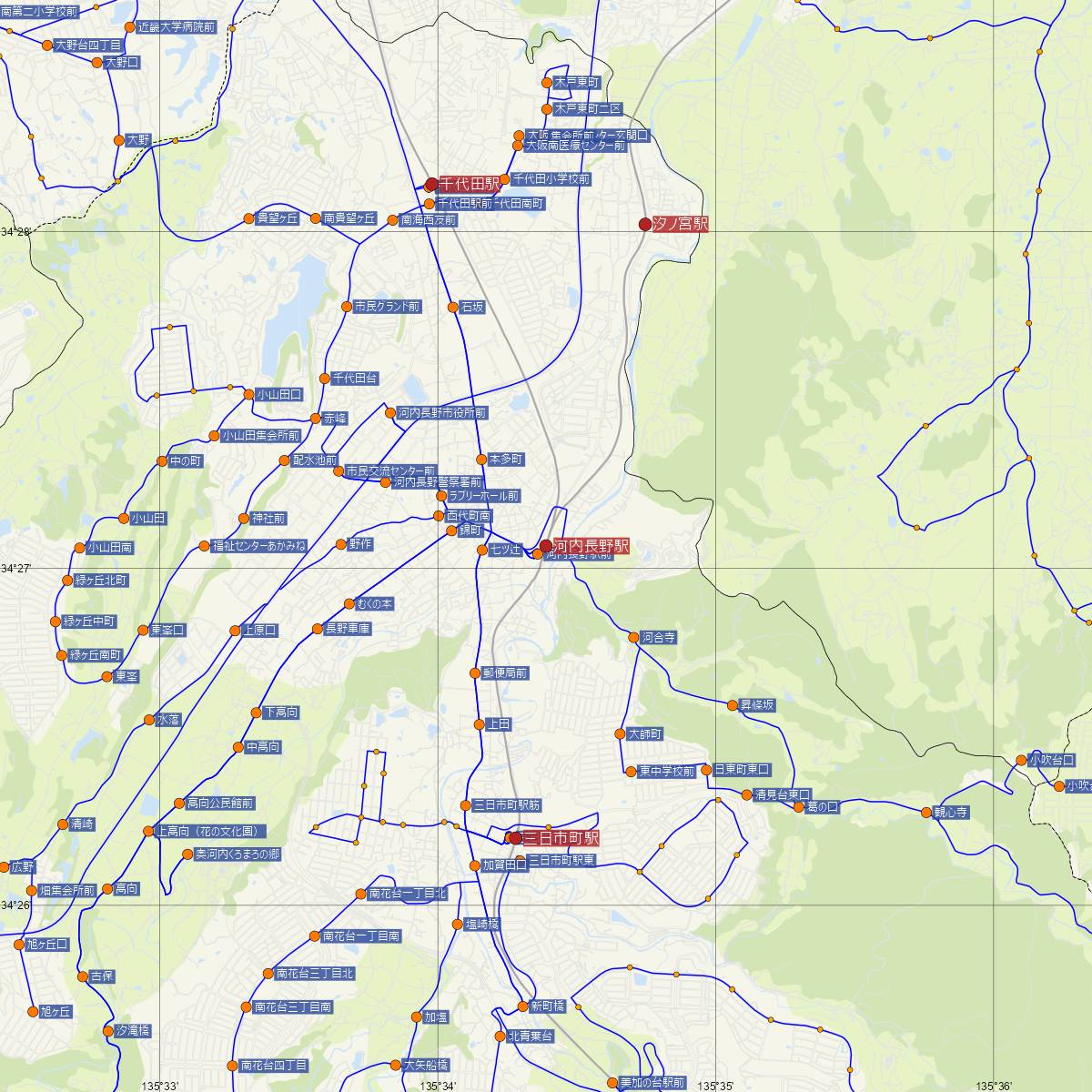 河内長野駅（近鉄電車）周辺のバス路線図