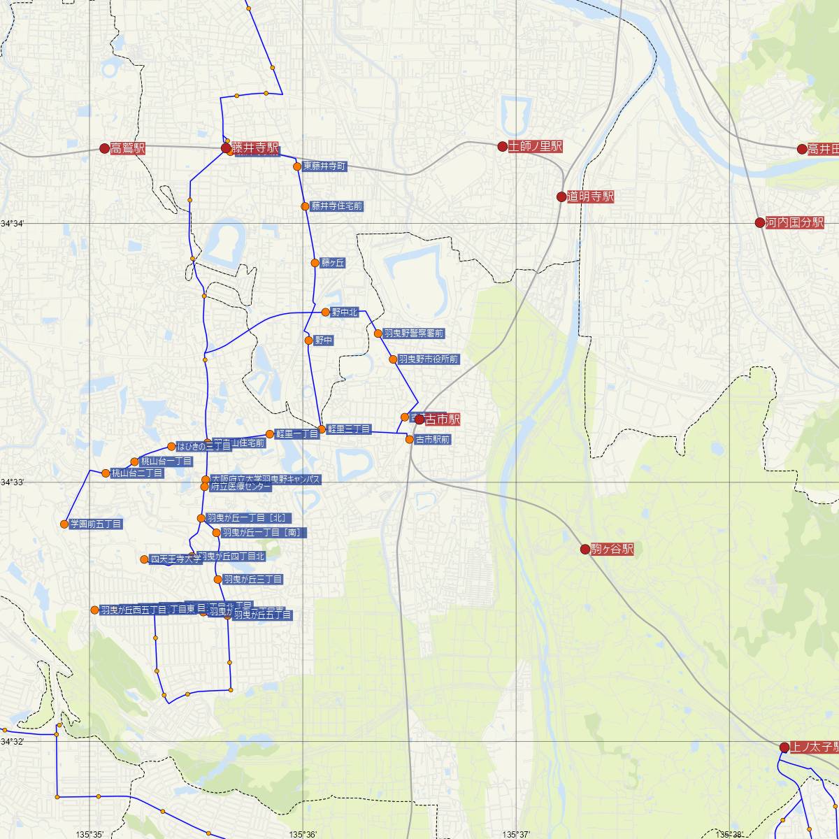 古市駅（近鉄電車）周辺のバス路線図