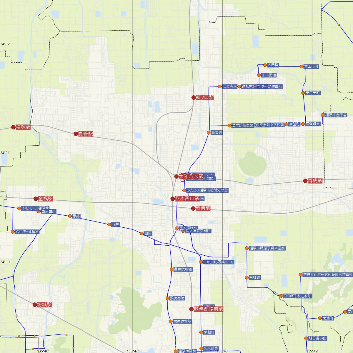 大和八木駅（近鉄電車）周辺のバス路線図