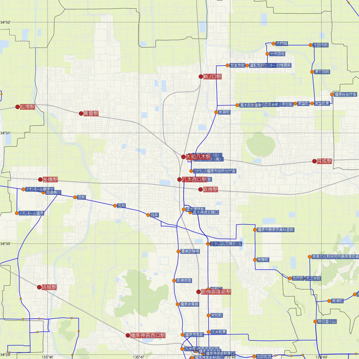 八木西口駅（近鉄電車）周辺のバス路線図