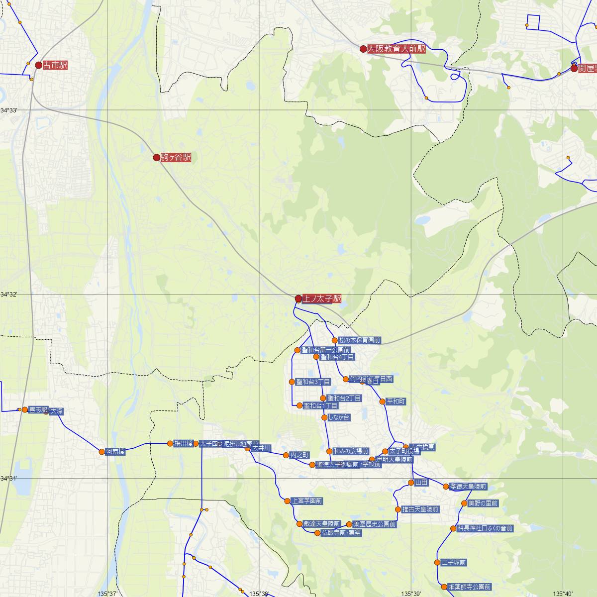 上ノ太子駅（近鉄電車）周辺のバス路線図