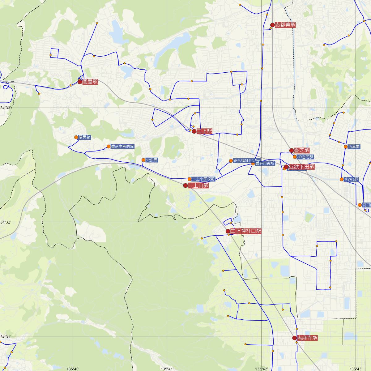二上山駅（近鉄電車）周辺のバス路線図