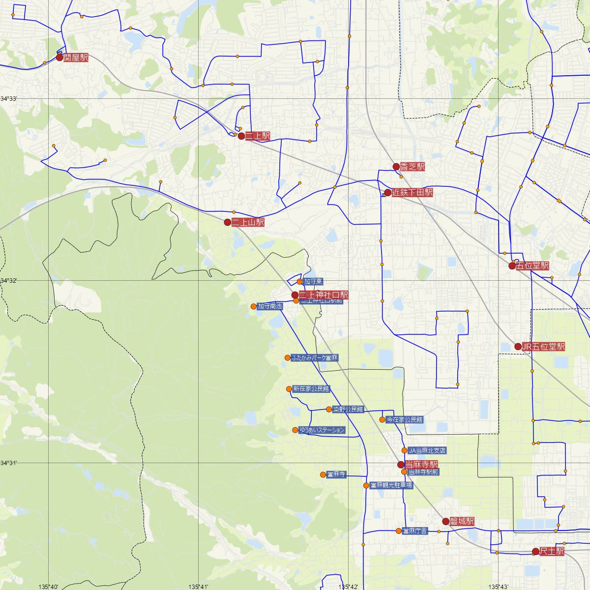 二上神社口駅（近鉄電車）周辺のバス路線図