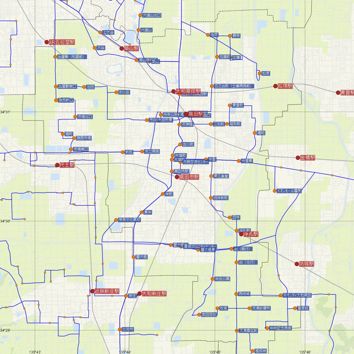 高田市駅（近鉄電車）周辺のバス路線図