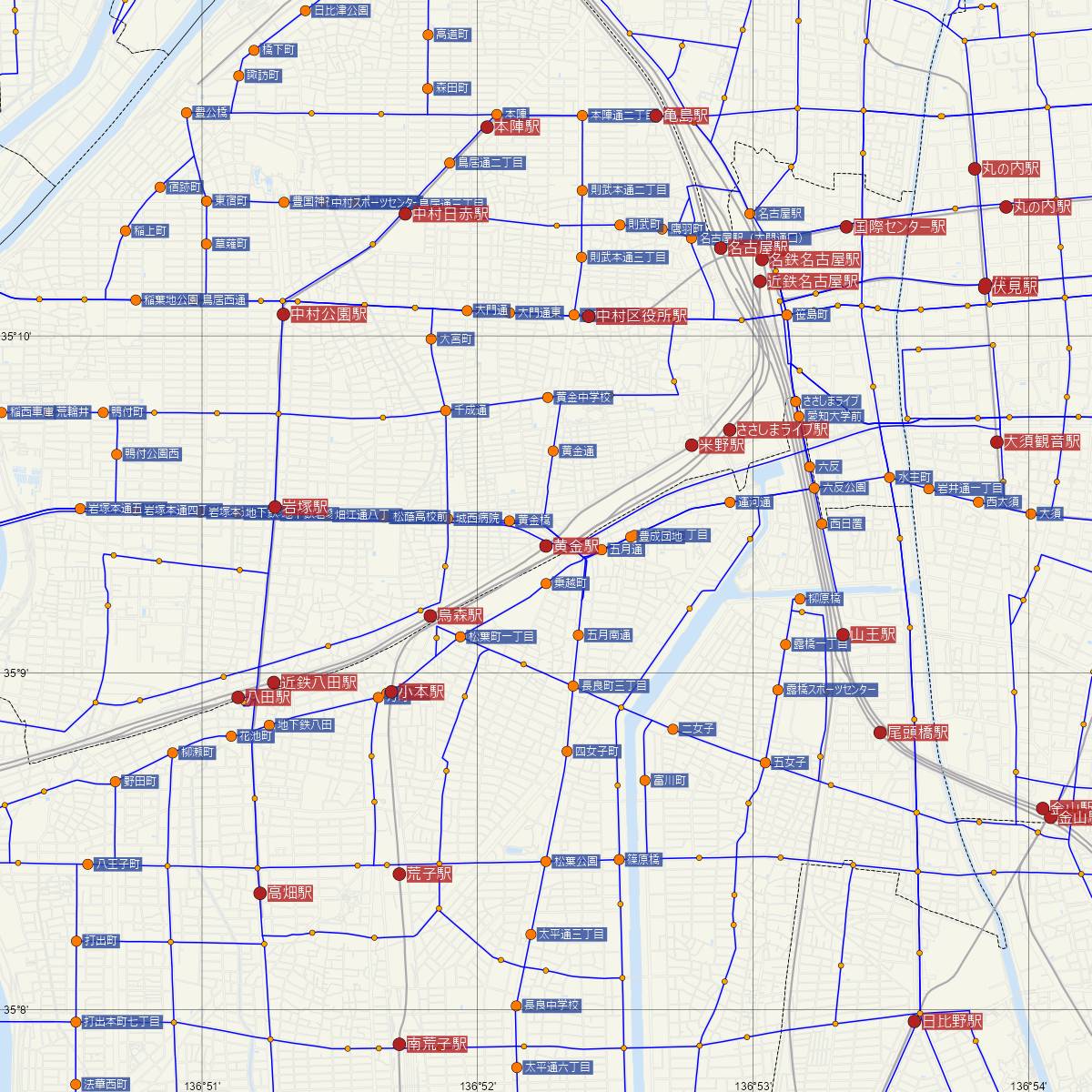 黄金駅（近鉄電車）周辺のバス路線図