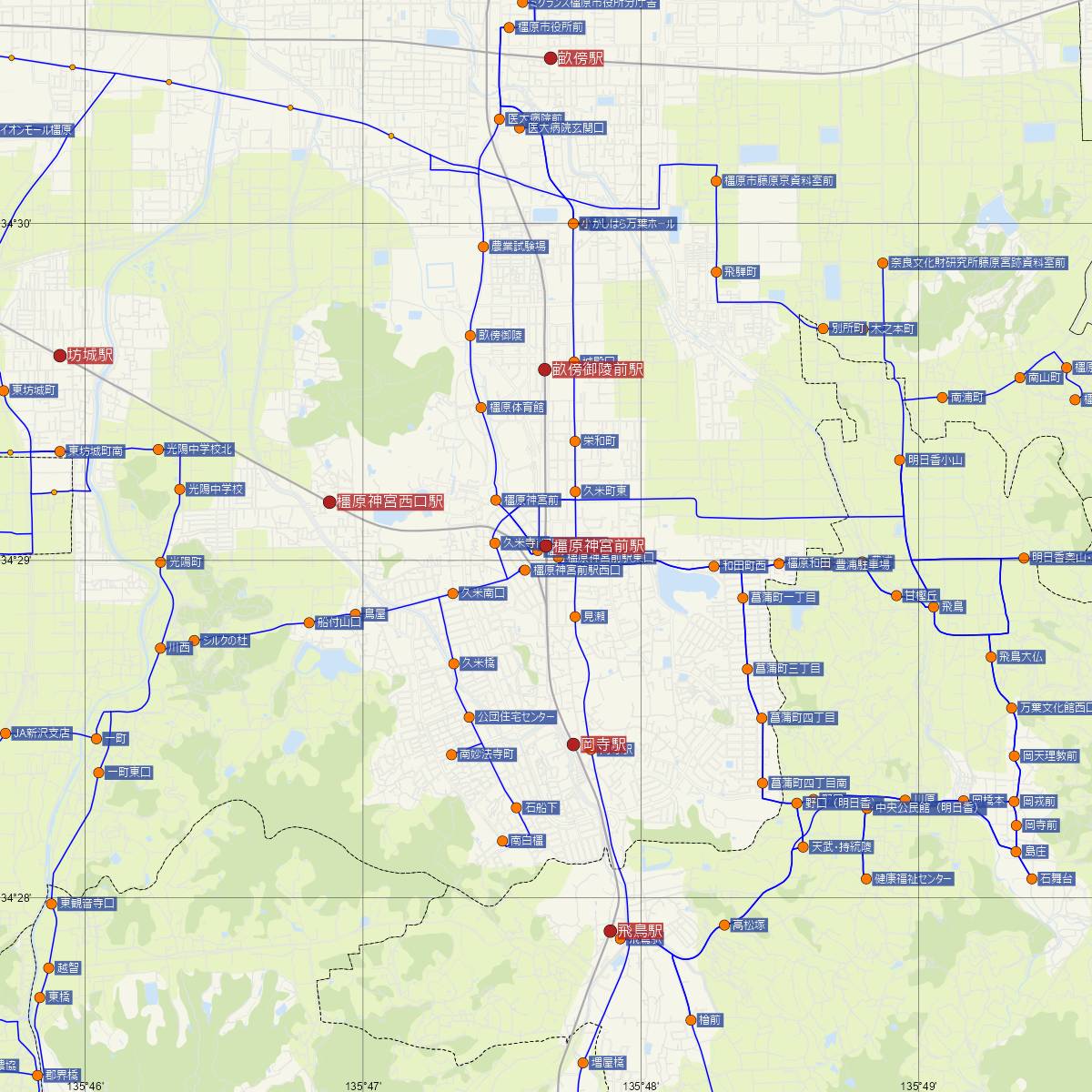 橿原神宮前駅（近鉄電車）周辺のバス路線図