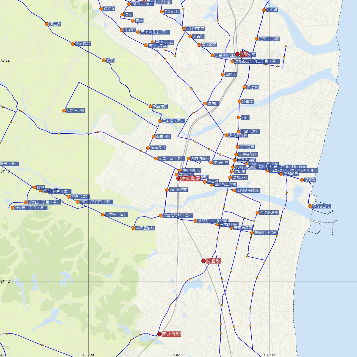 津新町駅（近鉄電車）周辺のバス路線図