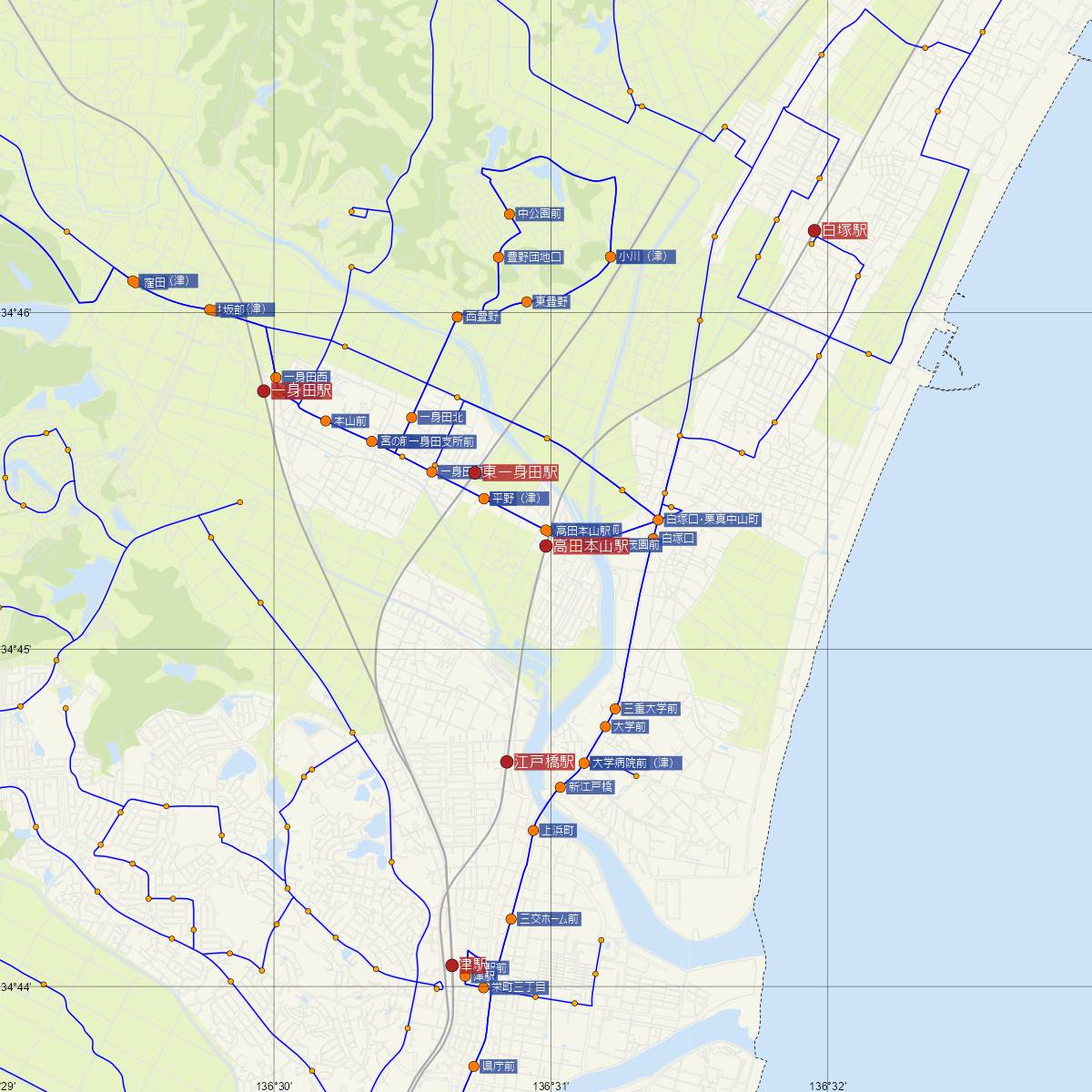 高田本山駅（近鉄電車）周辺のバス路線図