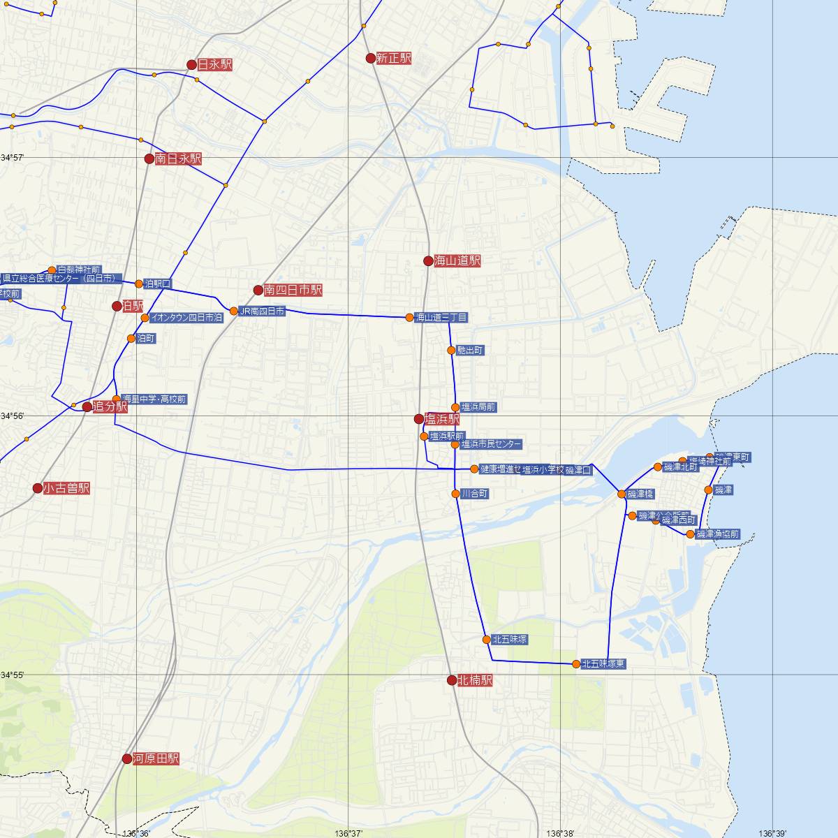 塩浜駅（近鉄電車）周辺のバス路線図