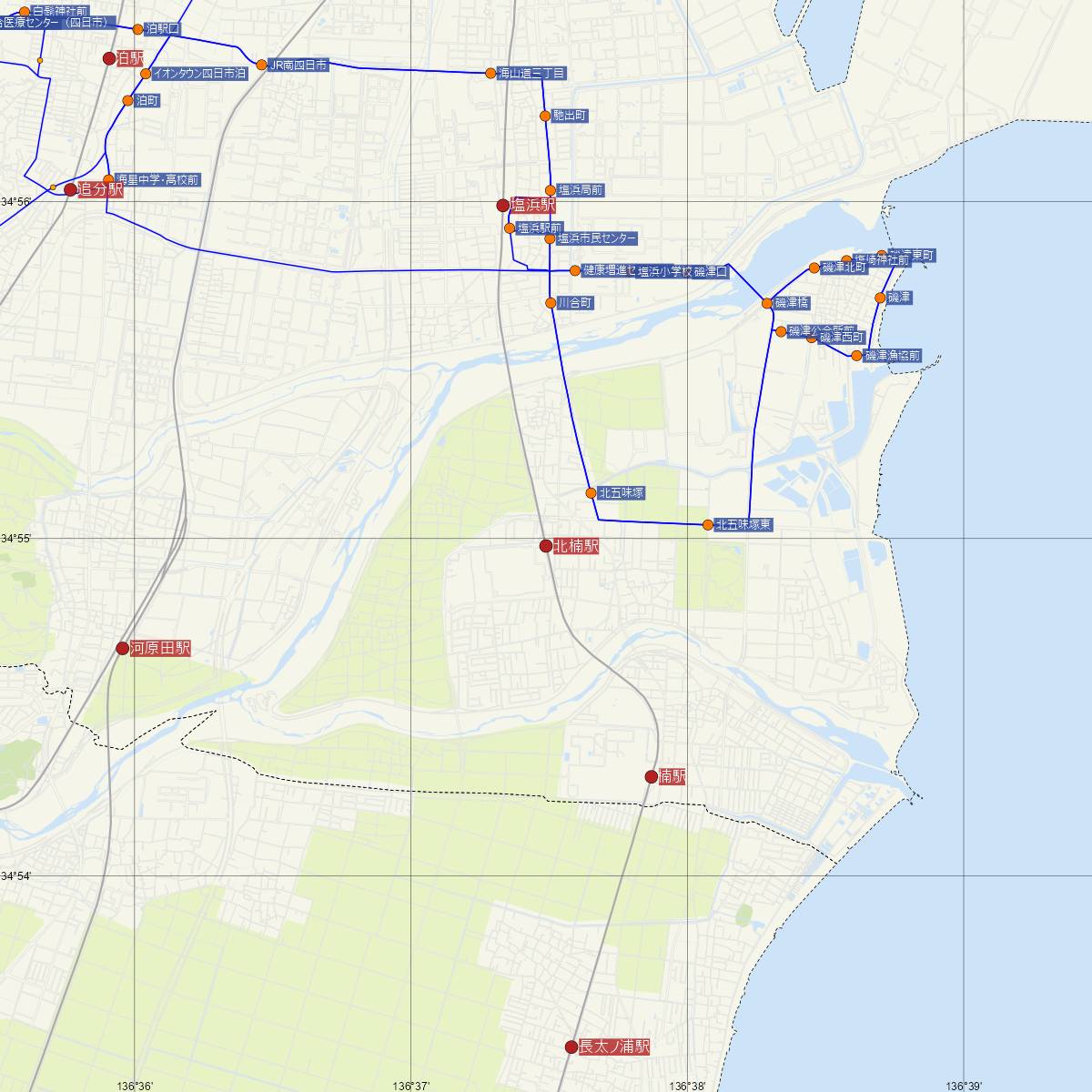 北楠駅（近鉄電車）周辺のバス路線図