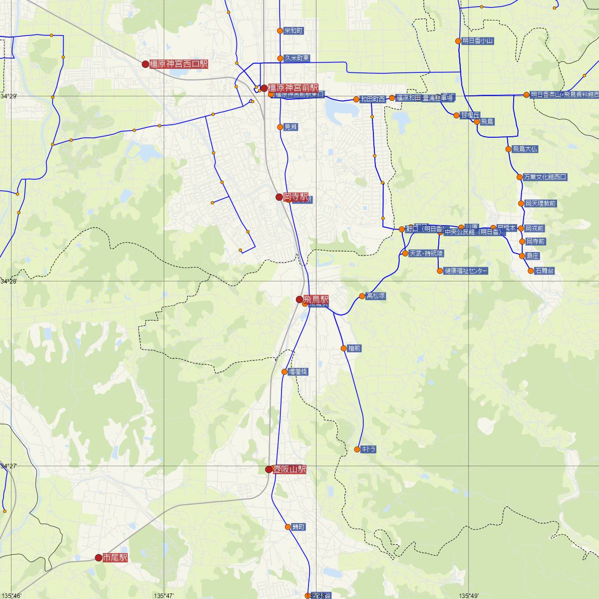 飛鳥駅（近鉄電車）周辺のバス路線図