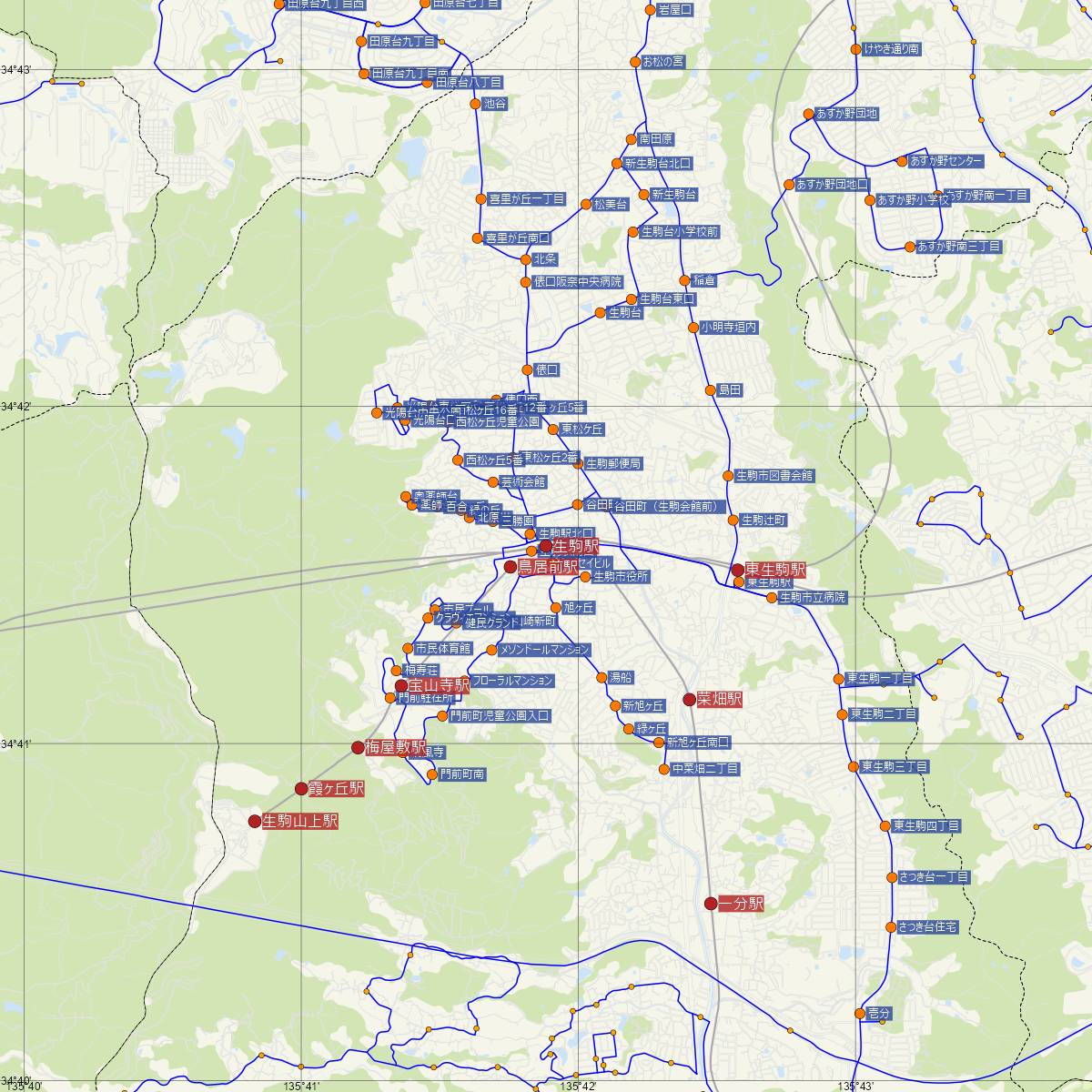 生駒駅（近鉄電車）周辺のバス路線図