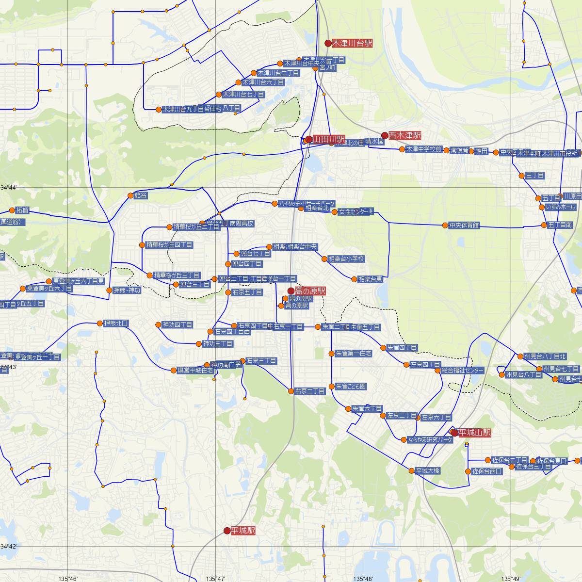 高の原駅（近鉄電車）周辺のバス路線図