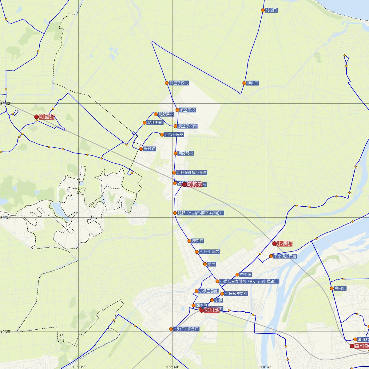 明野駅（近鉄電車）周辺のバス路線図