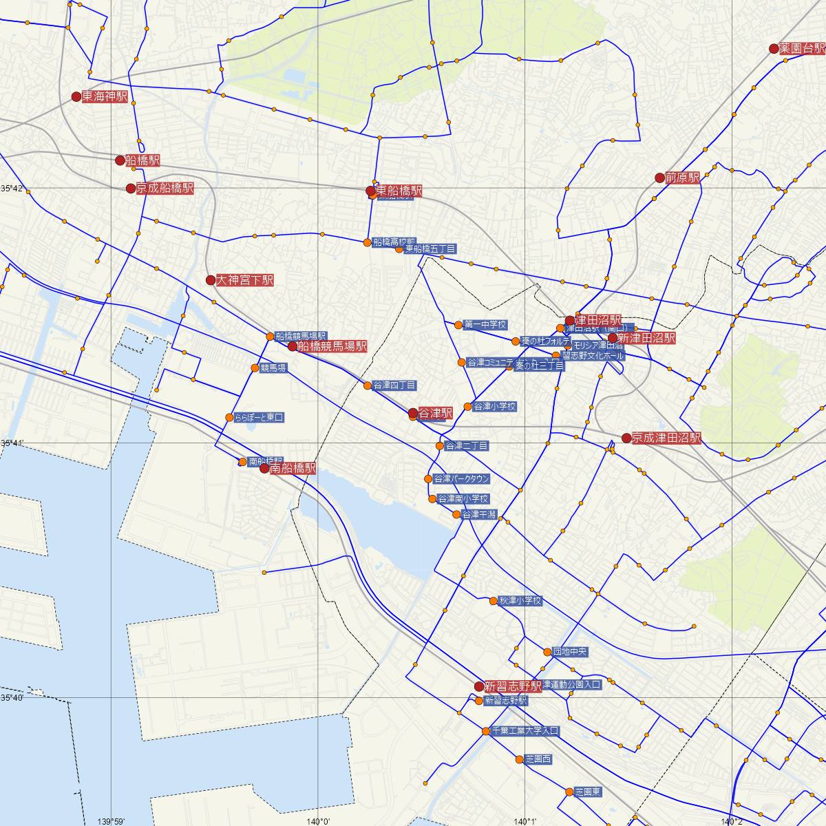 谷津駅（京成線）周辺のバス路線図