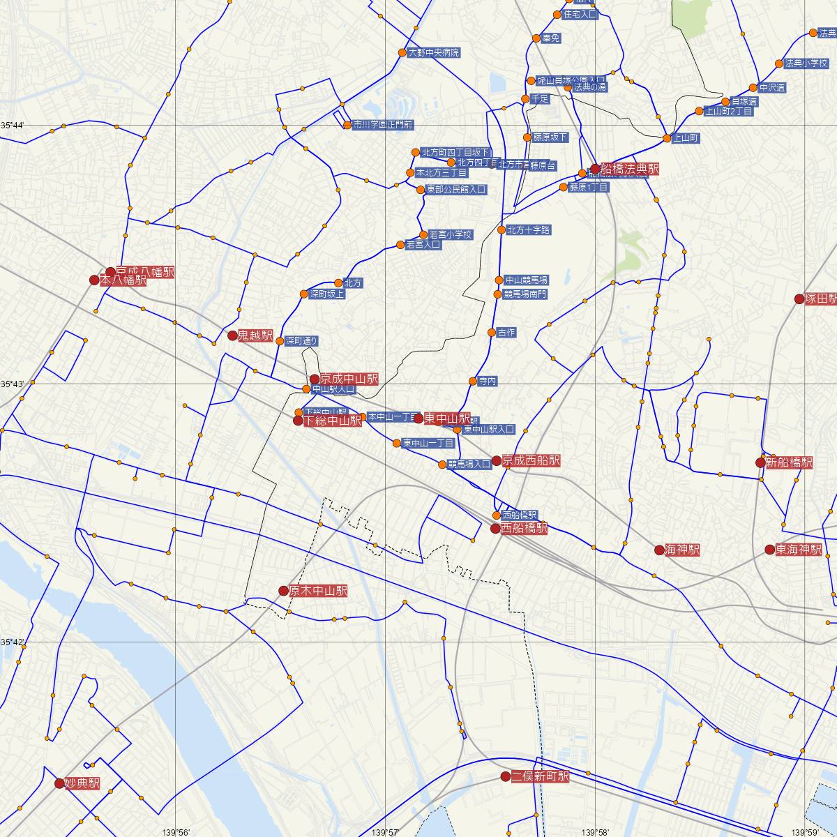 東中山駅（京成線）周辺のバス路線図