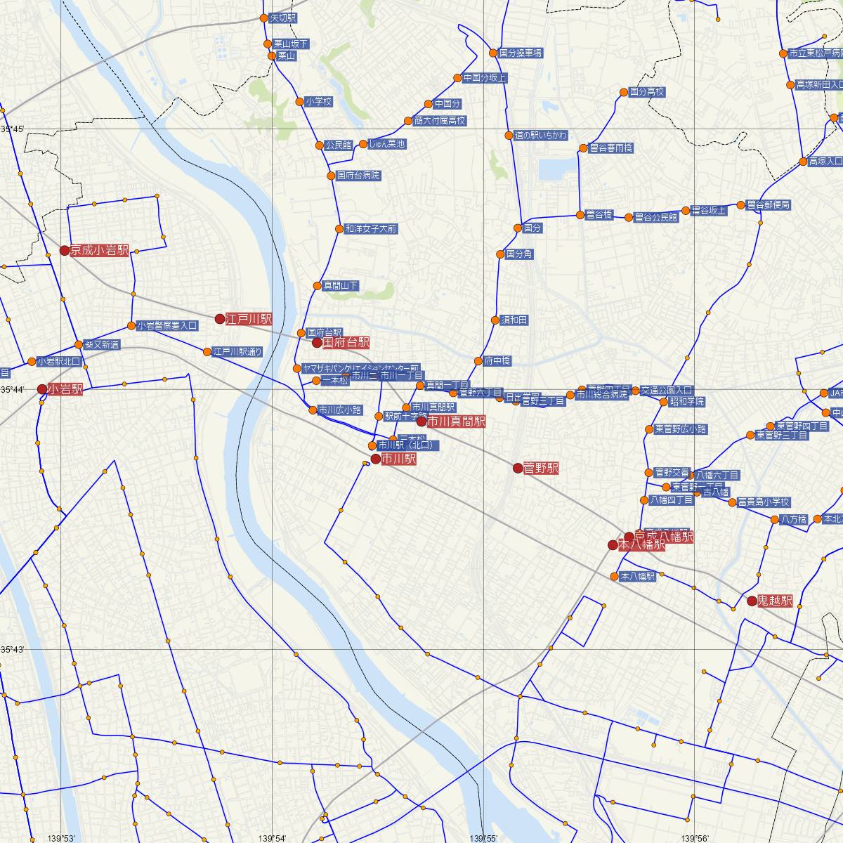 市川真間駅（京成線）周辺のバス路線図