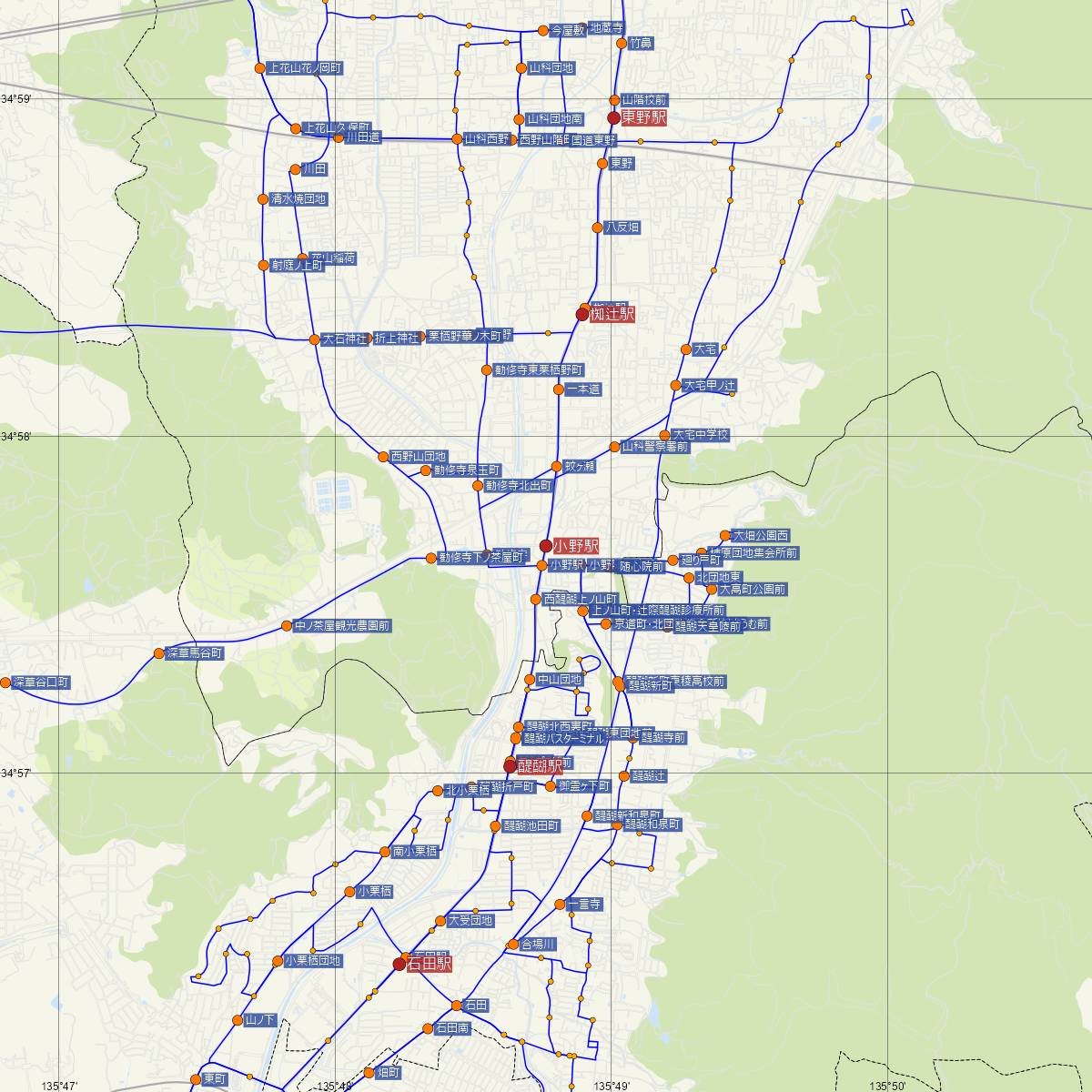 小野駅（京都市営地下鉄）周辺のバス路線図