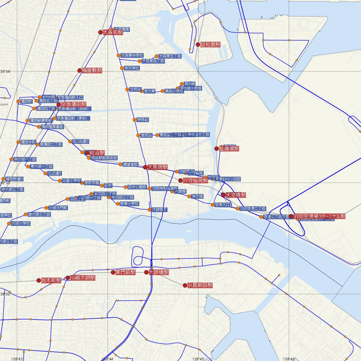 穴守稲荷駅（京浜急行）周辺のバス路線図