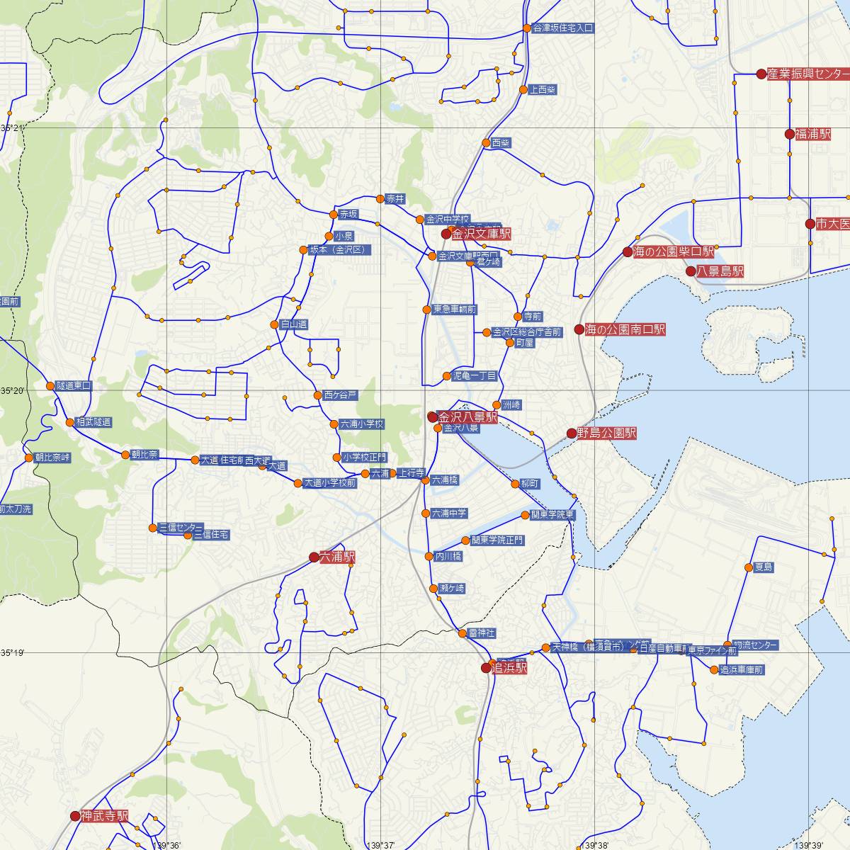 金沢八景駅（京浜急行）周辺のバス路線図