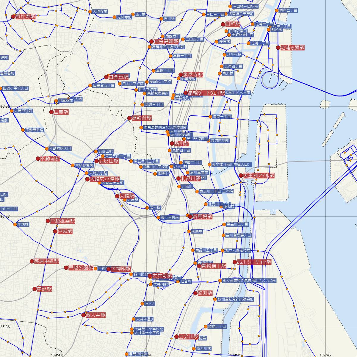 北品川駅（京浜急行）周辺のバス路線図