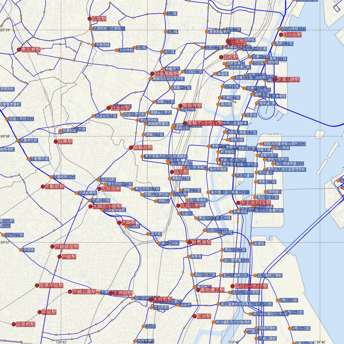 品川駅（京浜急行）周辺のバス路線図