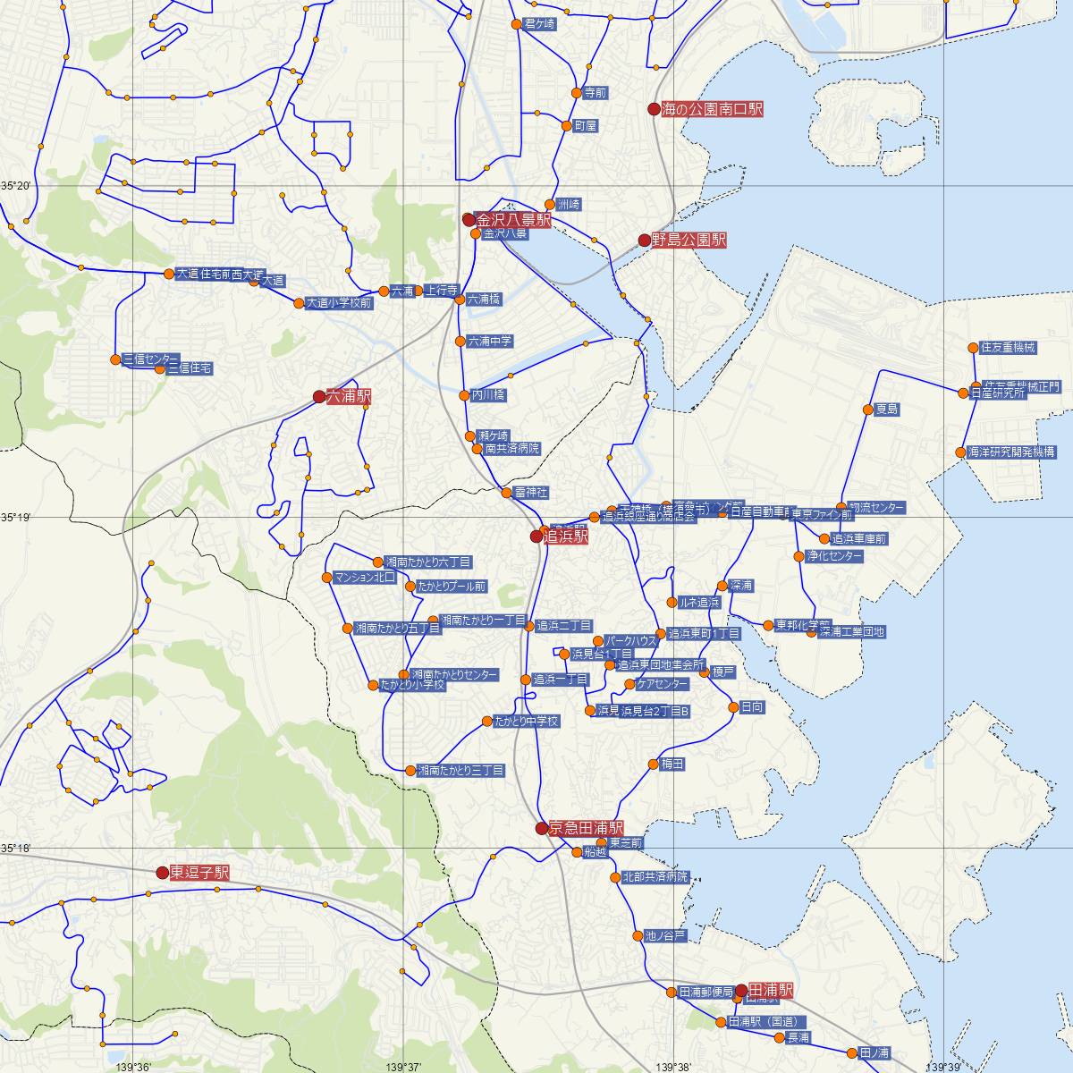 追浜駅（京浜急行）周辺のバス路線図